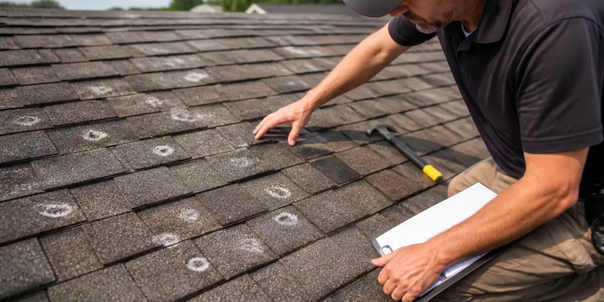 Roofing contractor inspecting storm damage on residential roof
