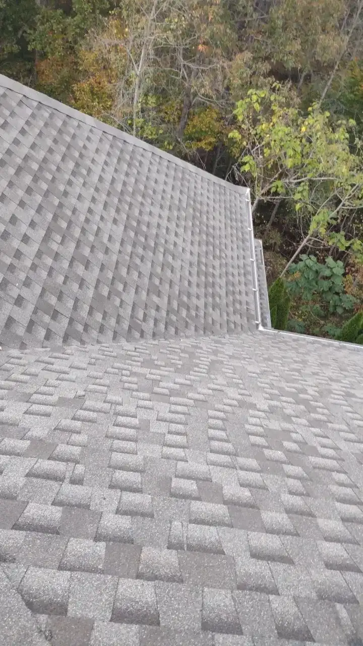 A roof with a shingle design, showing the underside of the roof.